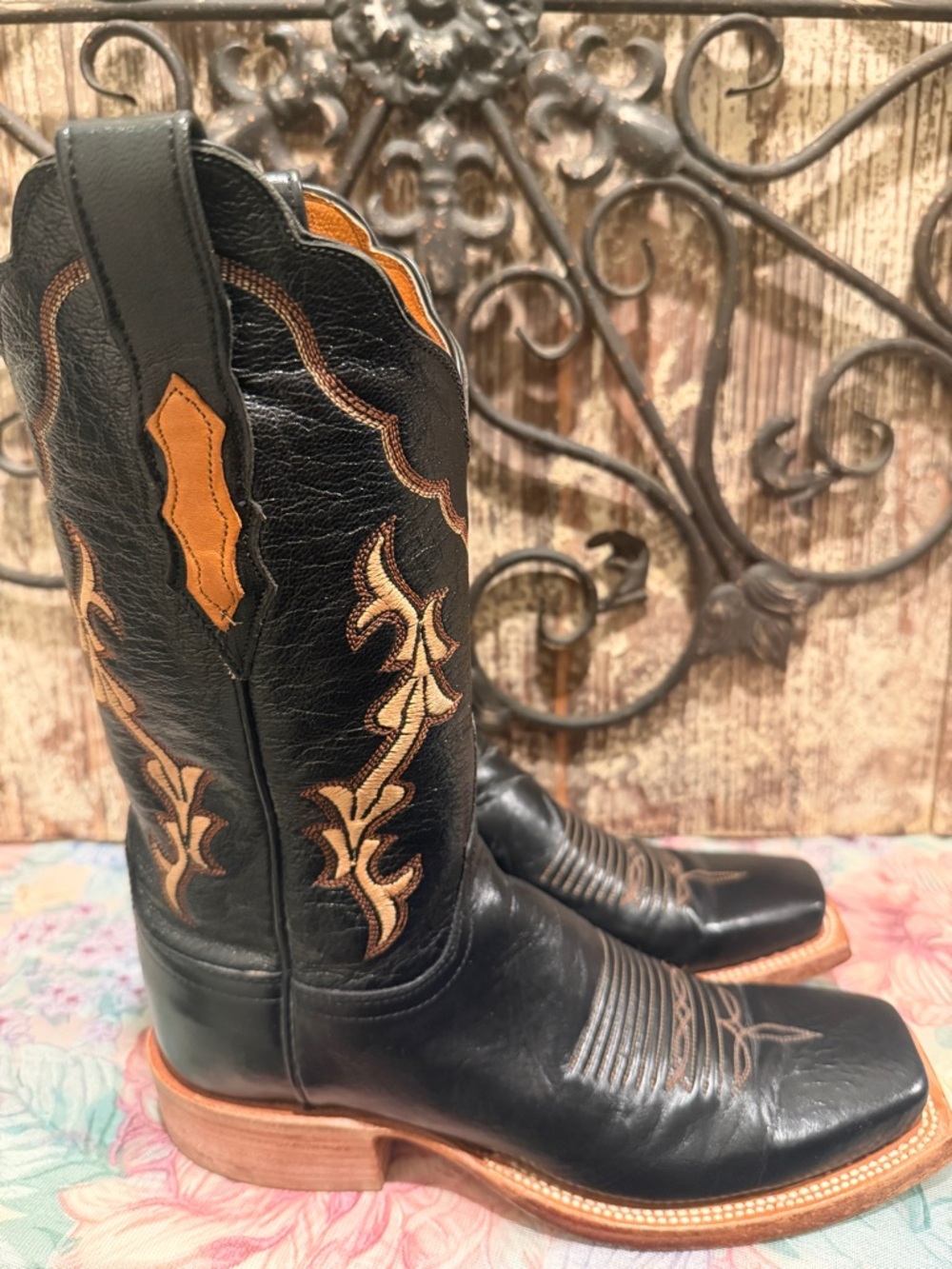 Lucchese Black Leather Cowboy Boots with Tan embroidery lucchese 2000 Sz 6.5